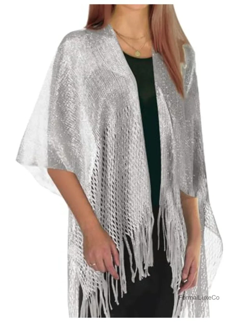 Sequin Shimmer Metallic Fringe Cape Wrap Evening Shawl Cardigan Formal Wedding
